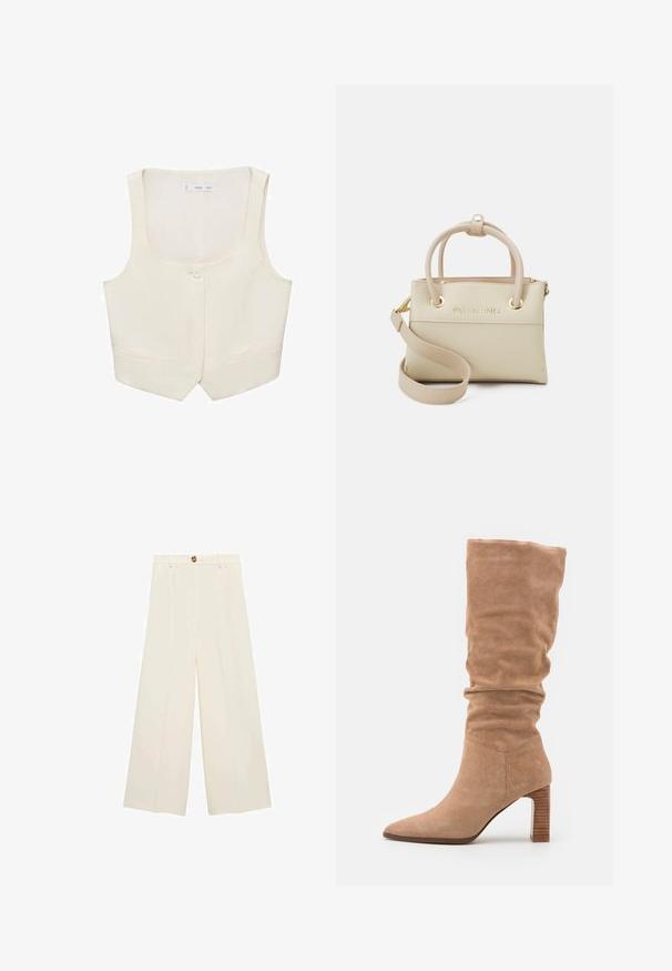 Sleeveless beige vest with a round neckline, single button closure, and two front pockets; smooth fabric with minimal detailing.; White short-sleeve shirt made of soft fabric, featuring a round neckline and a simple, minimalist design with no visible patterns or accents.; Cream-colored wide-leg trousers featuring a high waist, a button closure, and smooth texture without visible patterns or accents.; Suede knee-high boot in beige with a slouchy design, pointed toe, and a sturdy, grooved block heel. Smooth texture and streamlined shape.; Beige leather handbag with top handles, adjustable strap, logo detail, and gold-tone hardware. Smooth texture and structured shape.