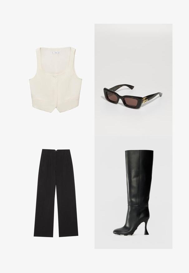 Chaleco sin mangas de color beige con escote redondo, cierre de un solo botón y dos bolsillos frontales; tejido suave con un diseño minimalista.; Dos camisetas sin mangas en negro y blanco. Están hechas de una tela suave y elástica con una textura acanalada y un diseño ajustado. Cuentan con tirantes estrechos.; Anna Field Pantalones - black; Bota de cuero negro hasta la rodilla con un eje ajustado y punta afilada. Presenta un tacón curvado distintivo y una superficie lisa y texturizada.; Gafas de sol de carey negro con lentes rectangulares, tinte marrón, gruesa montura y detalle del logo doble-G en oro en la patilla.; Bolso de hombro negro de cuero liso, con parte superior curva, correa única, cierre de cremallera y pequeño emblema plateado en el centro frontal.