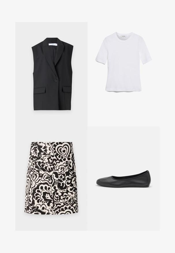 Zwarte mouwloze blazer van gladde stof met een notch-kraag, één knopen-sluiting en twee voorzakken.; Witte korte mouwen t-shirt van ribstof. Ronde halslijn, normale pasvorm en subtiele stiksels. Geen patronen of grafische elementen.; Zwart-witte bloemenpatroon mini-skirt gemaakt van stof met een gladde textuur en een recht afgewerkte zoom. Kenmerkt zich door vrolijke ontwerpen en harten.; Zwarte leren ballerina met een ronde neus, gladde textuur, minimale stikdetails en een flexibele zoolontwerp.