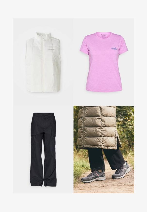 Bílé prošívané bezrukávové vesty Columbia se zipem v přední části a stojáčkem, prošívaný čtvercový vzor a logo na levé straně hrudi.; Patagonia DAILY GRAPHIC - Sportovní tričko - brisk purple; Columbia BREA FALLS™ COTTON RIPSTOP PANT - Outdoorové kalhoty - black; Columbia PEAKFREAK™ II OUTDRY™ - Trekingové boty - graphite/salmon rose