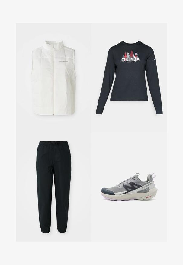 White Columbia padded sleeveless vest with front zipper and stand collar, quilted square pattern, and logo on left chest.; Long-sleeve dark gray shirt with a graphic of red trees and mountains; "COLUMBIA" logo in bold white text. Soft fabric, standard crew neck.; Black tapered pants made of a smooth fabric, featuring an elastic waistband, drawstring, and side patch pockets. Elastic cuffs at the ankles.; Salomon running shoe in gray and navy features a breathable mesh upper, rubber toe cap, and textured sole with lavender accents.