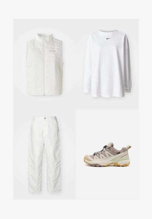 Weiße Columbia gesteppte ärmellose Weste mit Frontreißverschluss und Stehkragen, gestepptem Quadratmuster und Logo auf der linken Brust.; Weißes Langarm-T-Shirt aus Baumwolle mit Rundhalsausschnitt und kleinem schwarzem Nike-Logo auf der Brust. Einfaches Design, lockere Passform.; Weiße Cargo-Hosen aus Denim mit lockerer Passform, Seitentaschen und sichtbaren Nähdetails. Schlichte Vorderseite mit Knopfverschluss.; Leichtgewichtiger Wanderschuh mit einem beige und mintgrünen Design. Strukturiertes Obermaterial, Gummisohle, schnelles Schnürsystem und kontrastierende gelbe Akzente.