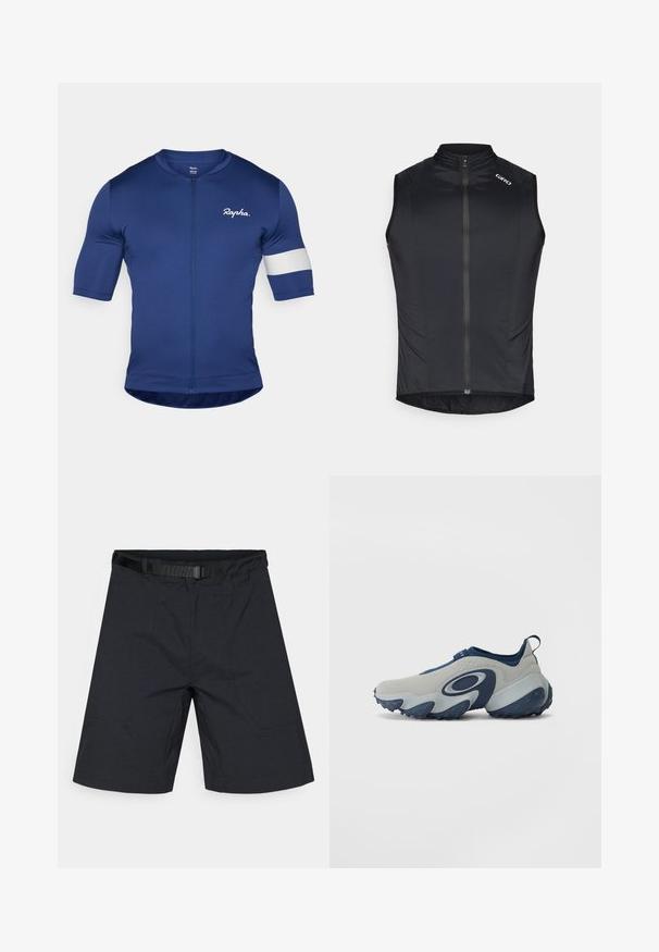 Vesta de ciclism neagră fără mâneci, realizată dintr-un material fin și ușor, cu un fermoar frontal, guler înalt și detalii subtile cu logo pe umăr.; Jersey de ciclistă de culoare navy cu mâneci scurte, fermoar complet și detaliu cu dungi albe pe mâneca stângă. Fabricat dintr-un material neted și elastic.; Shorts negri dintr-un material ușor, cu față plată, buzunare laterale și o curea ajustabilă la talie.; Pantof cu un design superior gri și accente bleumarin, prezintă un design curbat, o textură netedă și o talpă masivă cu cauciuc albastru profilat.
