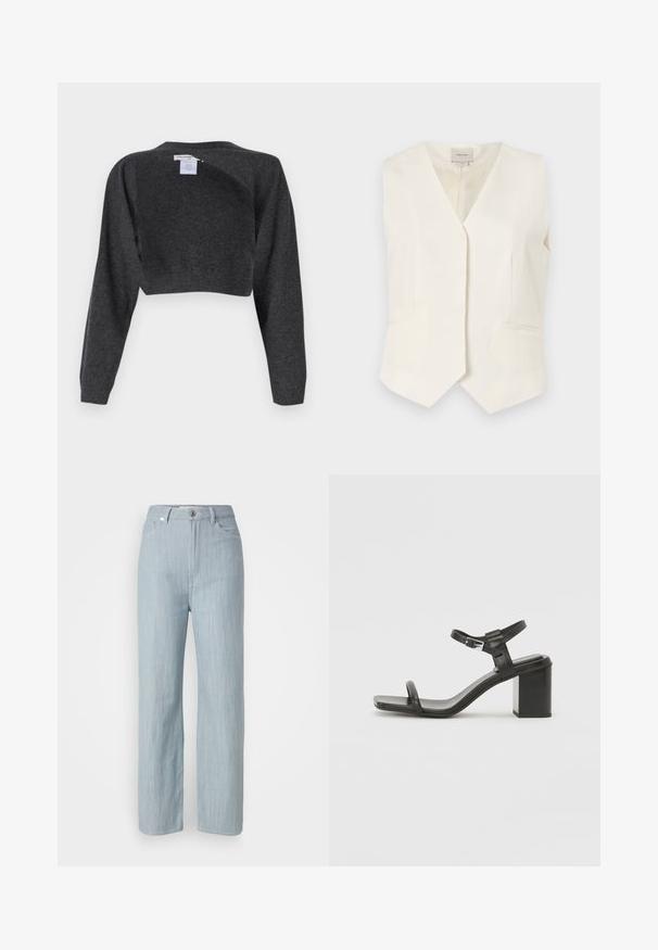 Gilet sans manches ivoire avec un design en V, comportant deux poches avant et un ourlet droit. Tissu texturé avec une finition lisse.; pure cashmere BOLERO TWO-WAY - Pullover - graphite; Jean droit en denim bleu clair. Comprend cinq poches, une fermeture à bouton en métal et un léger délavage pour la texture.; Sandale en cuir noir à talon bloc avec une large lanière sur les orteils et une lanière de cheville réglable, présentant un design épuré et minimaliste.