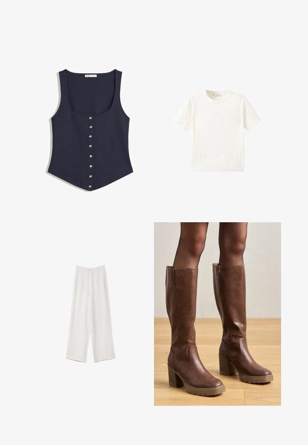 Mouwloze donkerblauwe tanktop met een ronde halslijn en een rij van zeven zilveren drukknoopjes aan de voorkant, licht uitlopende zoom.; Witte korte mouwen trui met een kabelbreipatroon, ronde halslijn en geribbelde onderkant. Zachte textuur, casual pasvorm en een strakke uitstraling.; Witte wijde broek gemaakt van een lichte stof. Voorzien van een elastische tailleband met een trekkoord en zijzakken. Zachte textuur.; Anna Field Plateaulaarzen - cognac