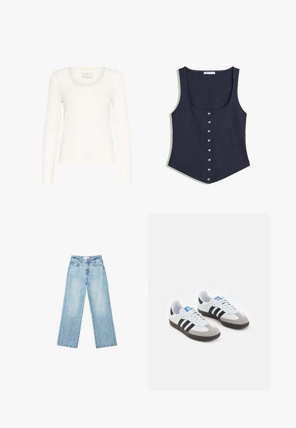 Ärmelloses, dunkelblaues Tanktop mit runder Ausschnittlinie und einer vorderen Reihe von sieben silbernen Druckknöpfen, leicht ausgestellt am Saum.; Langärmliges weißes Oberteil aus ribbeligem Stoff, mit einem gewellten Halsausschnitt und taillierter Passform. Etikett trägt die Aufschrift "KAFFE." Glatte Textur.; Helle blaue Denim-Jeans mit weitem Bein und hoher Taille, im lässigen Look mit einem ausgewaschenen Finish und kleinen, verstreuten Used-Effekten.; Sportschuhe mit einem Obermaterial aus weißem Leder, grauer Wildleder-Zehenkappe und drei schwarzen Streifen. Sie verfügen über ein blaues Logo auf der Zunge und eine strukturierte Gummisohle.