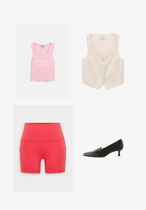 Béžová vesta s vertikálními pruhy, zapínáním na knoflíky a dvěma předními kapsami. Výstřih je široký a látka vypadá texturovaně.; Růžový žebrovaný top bez rukávů s kulatým výstřihem, na přední straně s bílým nápisem "Califreakinfornia Juicy".; Červené sportovní šortky vyrobené z elastického materiálu, s vysokým pasem a bočními kapsami, s plochými švy pro pohodlí a trvanlivost.; Černá kožená botka na podpatku s špičatou špičkou a dekoračním páskem. Má nízký stiletto podpatek a hladkou strukturu.