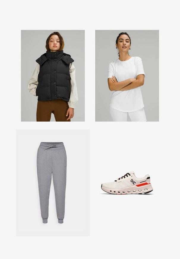 lululemon WUNDER PUFF CROPPED - Weste - black; Weißes Kurzarm-T-Shirt aus glattem Stoff, mit rundem Halsausschnitt und abgerundetem Saum. Getragen mit weißen Unterteilen.; Graue, schmal zulaufende Sweatpants mit einem Kordelzugbund, elastischen Bündchen und einem dezenten Nike-Logo auf dem linken Oberschenkel. Weicher, strukturierter Stoff.; On CLOUDRUNNER 2 - Laufschuh Straße - undyed sand