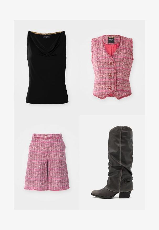 Roosa tweed ilma varrukateta vest V-kaelusega, millel on kuldtoonilised nööbid ja tekstuuriga viimistlus. Sees on vooder ühtlase roosa kangaga.; Must musterta, millel on voolav dekoltee ja kuldne kettaktsent õlal. Valmistatud siledast kangast, millel on keha lähedane lõige.; Roosa tweed lühikesed püksid tekstuurse mustriga ja kulunud äärega. Omavad nööbiga sulgemisega vööd. Kerge kangas, keskmise reie pikkus.; Hallid hall nahk-saapad, mis ulatuvad säärtesse ja millel on lohkuv disain, terav nina ja kihiline konts. Tähelepanuväärne õmblemise detail varvaste piirkonnas.