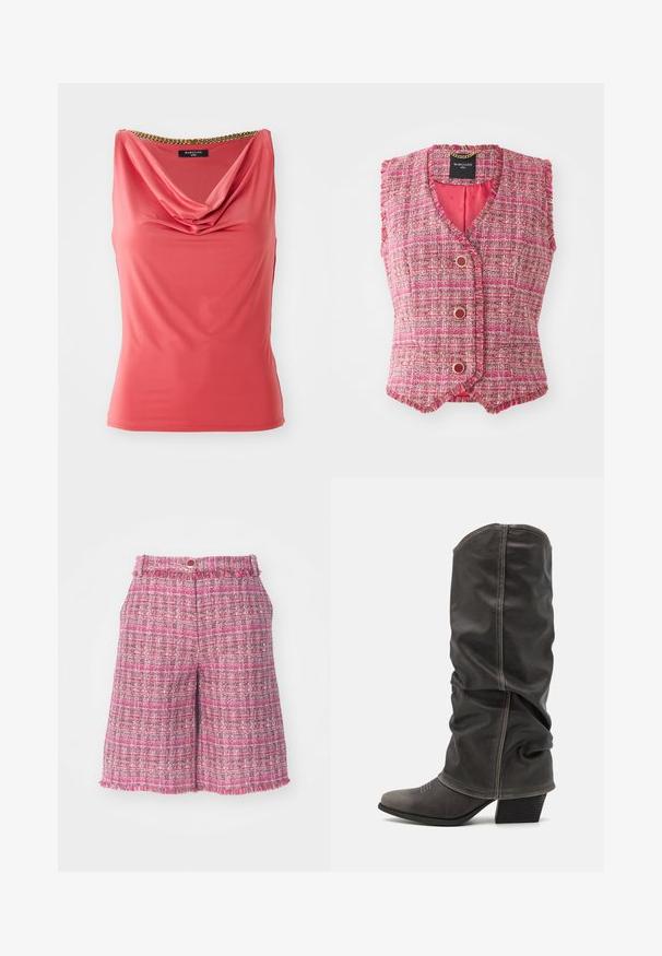 Vaaleanpunainen tweedilautasliina ilman hihoja, jossa on V-kaula-aukko, kullanväriset napit ja teksturoitu pinta. Sisäpuoli vuorattu tasaisella vaaleanpunaisella kankaalla.; Korallinvärinen hihaton toppi, jossa on laskostettu kaula-aukko ja kullanvärinen ketju yksityiskohtana kauluksessa. Sujuva, venyvä kangas, jossa on pussimainen malli ilman kuvioita.; Vaaleanpunaiset tweed-shortsit, joissa on teksturoitu kuvio ja risat reunat. Sisältää vyötärönauhan, jossa on nappikiinnitys. Kevyt kangas, keskimmäiseen reiteen asti ulottuva pituus.; Harmaat nahkasaappaat, jotka ulottuvat vasikan korkeuteen, löysällä muotoilulla, terävällä kärjellä ja kasattulla korolla. Huomattava ompelutaito kärkialueella.