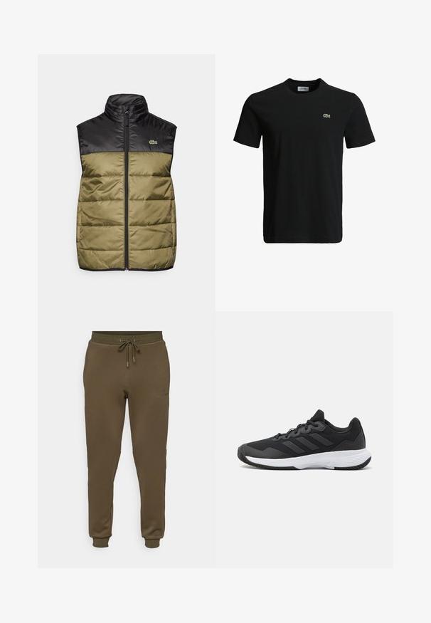 Pufi mellény fekete felső részel és olíva zöld alsó résszel. Magas gallérral, elől cipzárral és egy kis logóval a bal melle fölött.; Fekete pamut póló kerek nyakkivágással, rövid ujjakkal és egy kis zöld krokodil logóval a bal mellen. Sima textúra, laza dizájn.; Olívazöld joggerek puha, sima anyagból, elasztikus derékkal és húzózsinórral, valamint szűkített mandzsettákkal a bokán.; Fekete sportcipő, amely texturált felsőrésszel, három vízszintes csíkkal és mintázott talppal ellátott fehér talppal rendelkezik. Könnyű és áramvonalas dizájn.