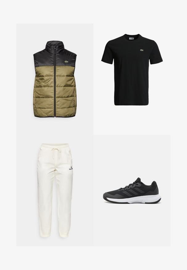 Pufferväst med svart överdel och olivgrön nederdel. Har en hög krage, framzipper och en liten logo på vänster bröst.; Svart bomull t-shirt med rundad halsringning, korta ärmar och en liten grön krokodil-logotyp på vänster bröst. Slät textur, avslappnad design.; Gräddfärgade, lätta tygbyxor med elastisk midja och dragsko. Har avsmalnande ben och en liten svart logotypdetalj.; Svart idrottssko med en texturerad ovandel, tre horisontella ränder och en vit sula med ett mönstrat grepp. Lätt och strömlinjeformad design.