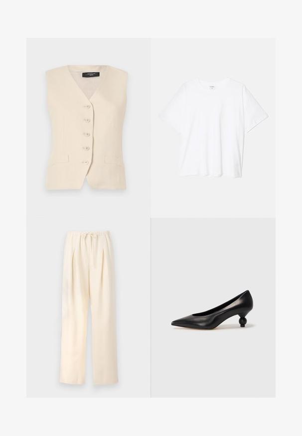 Beige Leinenweste mit V-Ausschnitt, sechs Knöpfen und zwei seitlichen Taschen. Sie hat eine taillierte Form und eine glatte Textur.; Weißes Baumwoll-T-Shirt mit kurzen Ärmeln, runder Halslinie, lockerer Passform und genähtem Saum. Etikett sichtbar am inneren Kragen.; Beige Plisseehosen mit elastischem Bund und verstellbarem Kordelzug. Leichter Stoff und weit geschnittenes, gerades Bein.; Schwarze Leder-Pumps mit spitzem Zehenbereich und runder, ballförmiger Ferse. Glatte Textur mit einem eleganten, minimalistischen Design.