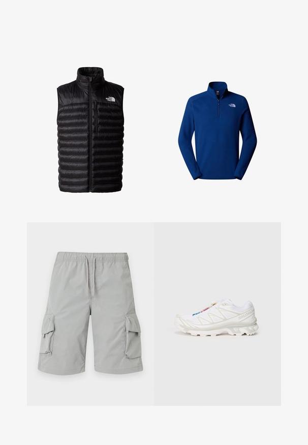 Gilet noir en duvet avec col haut, fermeture éclair sur toute la longueur et poche poitrine zippée. Présente un motif matelassé et le logo The North Face.; Pull en polaire bleu marine avec une fermeture éclair quart de longueur à l'avant, col montant et logo brodé. Texture douce et manches longues.; Shorts cargo gris clair avec une taille élastique, fermeture à cordon de serrage et deux grandes poches latérales. Tissu lisse et léger.; Basket de sport blanche avec tige en mesh texturé, accents réfléchissants et semelle rembourrée. Logo de marque notable sur le côté.