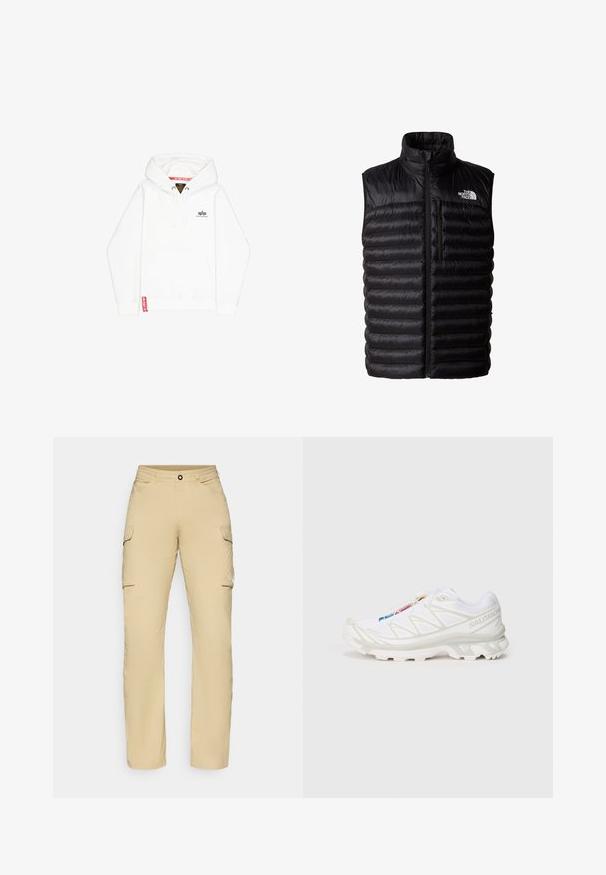 Czarna puchowa kamizelka z wysokim kołnierzem, pełnym zamkiem błyskawicznym i zamkniętą na zamek kieszenią na piersi. Oferuje pikowaną strukturę oraz logo The North Face.; Biała hoodie z kapturem, posiadająca kieszeń z przodu, z zaciąganym sznurkiem i małym czarnym logo na piersi. Cechuje się czerwoną metką u dołu.; Beżowe spodnie cargo o prostym kroju, z dwoma kieszeniami bocznymi, zapięciem na guzik oraz detalem z logo na udzie. Lekki materiał.; Białe buty sportowe z teksturowaną siateczką, odblaskowymi akcentami i wyprofilowaną podeszwą. Zauważalne logo marki z boku.