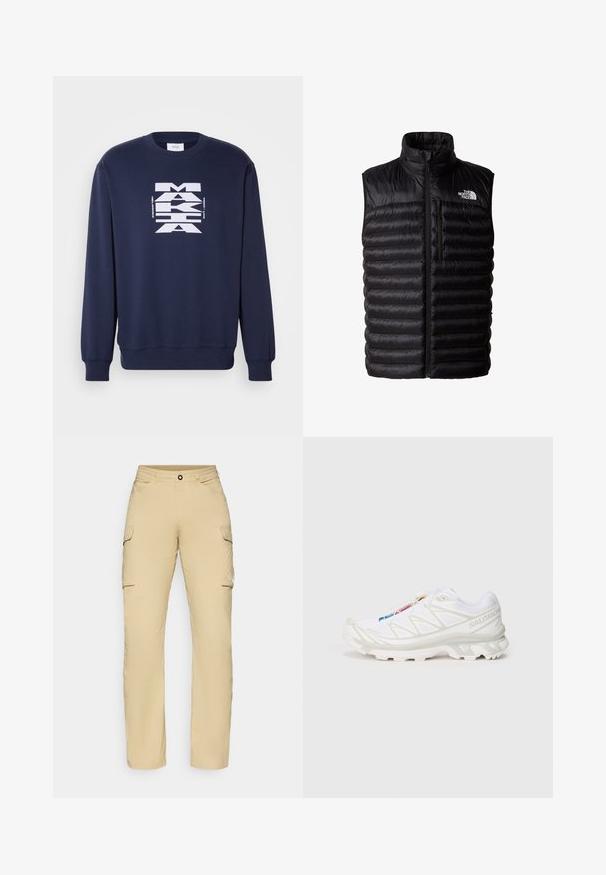 Gilet nero imbottito con colletto alto, zip a tutta lunghezza e tasca sul petto con zip. Presenta un motivo trapuntato e il logo The North Face.; Felpa blu navy in cotone, con una grande stampa grafica bianca sul fronte. Maniche lunghe con polsini e orlo a costine.; Pantaloni cargo beige a gamba dritta, con due tasche laterali, chiusura a bottone e dettaglio logo sulla coscia. Tessuto leggero.; Scarpa da ginnastica bianca con tomaia in rete testurizzata, dettagli riflettenti e suola ammortizzata. Logo del marchio ben visibile sul lato.