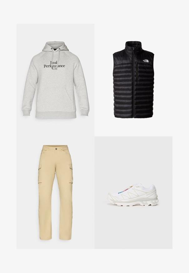Černá plyšová vesta s vysokým límcem, plným zipem a kapsou na zip na hrudi. Obsahuje prošívaný vzor a logo The North Face.; Šedá mikina s kapucí na stažení, raglánovými rukávy, přední kapsou a černým potiskem "Real Performance". Měkká textura látky.; Béžové cargo kalhoty se rovný střihem, obsahující dvě boční kapsy, zapínání na knoflík a.logo detail na stehně. Lehká látka.; Bílé sportovní boty s texturovaným síťovaným svrškem, reflexními akcenty a polstrovanou podešví. Výrazné logo značky na boku.