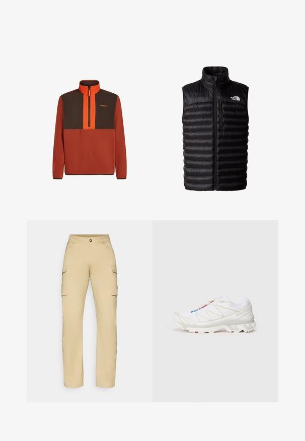 Gilet noir en duvet avec col haut, fermeture éclair sur toute la longueur et poche poitrine zippée. Présente un motif matelassé et le logo The North Face.; Pull en polaire couleur orange brûlé avec des panneaux marron, fermeture éclair quart sur le devant, col haut et détail du logo. Texture lisse et manches longues.; Pantalons cargo beiges avec une coupe droite, comportant deux poches latérales, une fermeture à bouton et un logo sur la cuisse. Tissu léger.; Basket de sport blanche avec tige en mesh texturé, accents réfléchissants et semelle rembourrée. Logo de marque notable sur le côté.