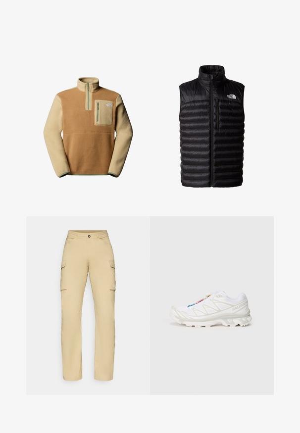 Chaleco negro acolchado con cuello alto, cremallera de longitud completa y bolsillo en el pecho con cremallera. Presenta un patrón acolchado y el logo de The North Face.; Sudadera de forro polar en marrón y beige con cuello con media cremallera, bolsillo frontal en el pecho y el logo de The North Face en el lado izquierdo. Tejido texturizado.; Pantalones cargo beige de corte recto, con dos bolsillos laterales, cierre de botón y detalle de logo en el muslo. Tejido ligero.; Zapatilla deportiva blanca con parte superior de malla texturizada, acentos reflectantes y suela acolchada. Logotipo de la marca notable en el costado.