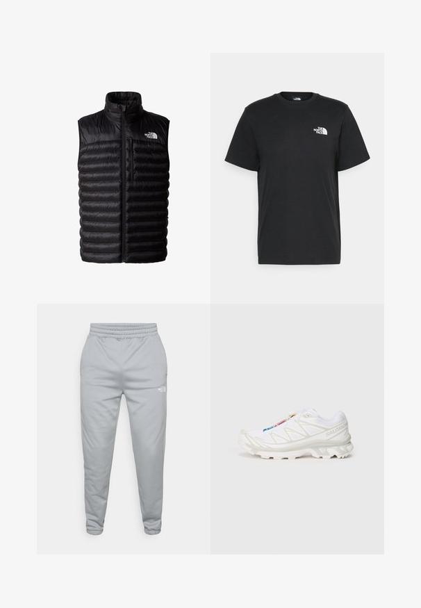 Zwarte poofy vest met hoge kraag, volledige ritssluiting en ritszak op de borst. Heeft een gewatteerd patroon en het logo van The North Face.; Zwarte katoenen T-shirt met korte mouwen, ronde hals en een klein wit logo op de linkerkant van de borst. Eenvoudig ontwerp, gladde textuur en een comfortabele pasvorm.; Lichtgrijze joggingsbroek met een elastische tailleband en cuffs bij de enkels. Beschikt over een klein wit logo aan de onderzijde. Gelaagd materiaal.; Witte sportieve schoen met een gestructureerde mesh bovenkant, reflecterende accenten en een gevoerde zool. Opvallend merklogo aan de zijkant.