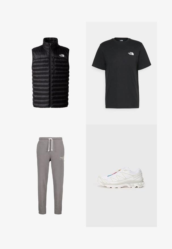 Zwarte poofy vest met hoge kraag, volledige ritssluiting en ritszak op de borst. Heeft een gewatteerd patroon en het logo van The North Face.; Zwarte katoenen T-shirt met korte mouwen, ronde hals en een klein wit logo op de linkerkant van de borst. Eenvoudig ontwerp, gladde textuur en een comfortabele pasvorm.; Grijze sweatpants met een elastische tailleband, verstelbaar trekkoord en zijzakken. Bevat een subtiele witte geborduurde logo aan de voorkant.; Witte sportieve schoen met een gestructureerde mesh bovenkant, reflecterende accenten en een gevoerde zool. Opvallend merklogo aan de zijkant.
