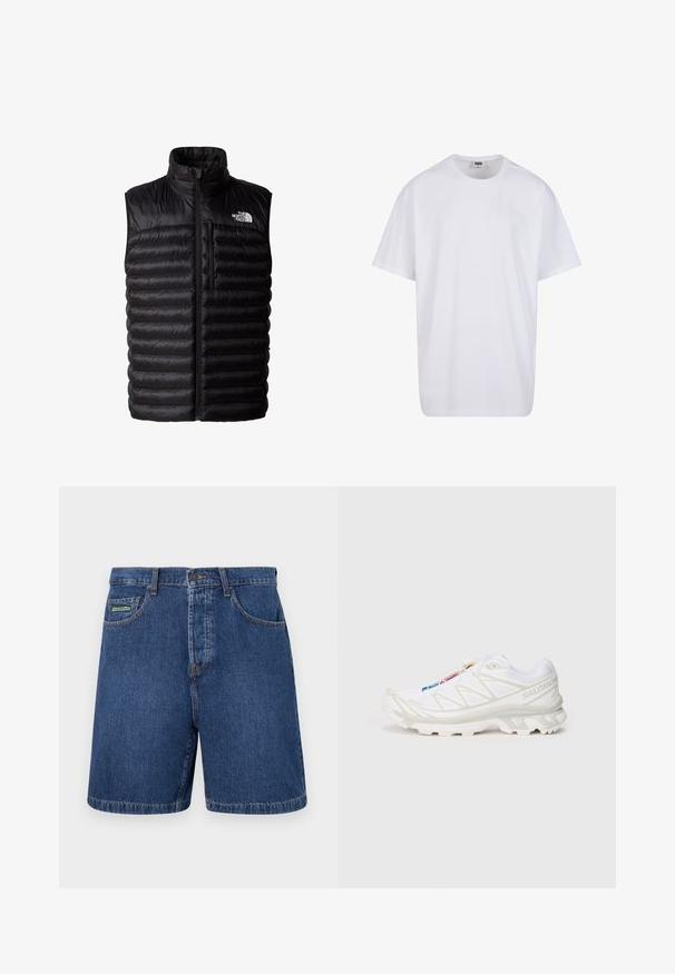 Chaleco negro acolchado con cuello alto, cremallera de longitud completa y bolsillo en el pecho con cremallera. Presenta un patrón acolchado y el logo de The North Face.; Camiseta blanca de algodón con mangas cortas, cuello redondo, corte relajado y sin logotipos ni patrones visibles. Textura suave y diseño minimalista.; Pantalones cortos de mezclilla en azul oscuro con un corte clásico, que cuentan con bolsillos frontales, pasadores para cinturón y una etiqueta de marca visible en el bolsillo izquierdo.; Zapatilla deportiva blanca con parte superior de malla texturizada, acentos reflectantes y suela acolchada. Logotipo de la marca notable en el costado.
