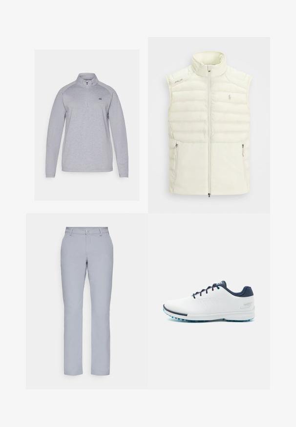 Chaleco de plumas blanco con cuello alto, cierre delantero, bolsillos laterales y un sutil diseño acolchado; presenta un pequeño logotipo en el pecho.; Sudadera de color gris claro con cuello de media cremallera, mangas largas y un logo sutil. Fabricada con una tela suave y texturizada.; Pantalones de color gris claro con corte recto, cierre de botón, bolsillos frontales y una tela lisa y texturizada. Diseño minimalista, sin patrones.; Zapatillas deportivas blancas con una parte superior sintética lisa, acentos en azul, talón texturizado azul marino y una suela ligera con clavos para mayor tracción.