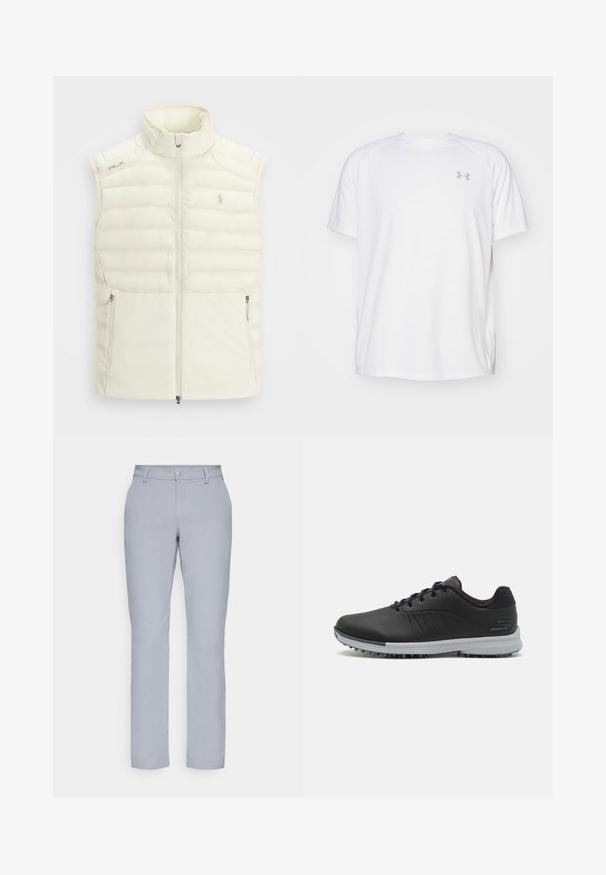 Hvid puffervest med høj krave, lynlåslukning foran, sidelommer og subtil quiltet design; har et lille logo på brystet.; Hvid kortærmet sportsbluse lavet af glat stof. Har en rund halsudskæring og et gråt logo på venstre bryst, samt slidser i siderne ved kanten.; Lys grå bukser med lige snit, knaplukning, forlommer og et glat, struktureret stof. Minimalistisk design, uden mønstre.; Sorte syntetiske golfsko med en struktureret overdel, snørebåndsdesign og en grå ydersål med pigge for godt greb.