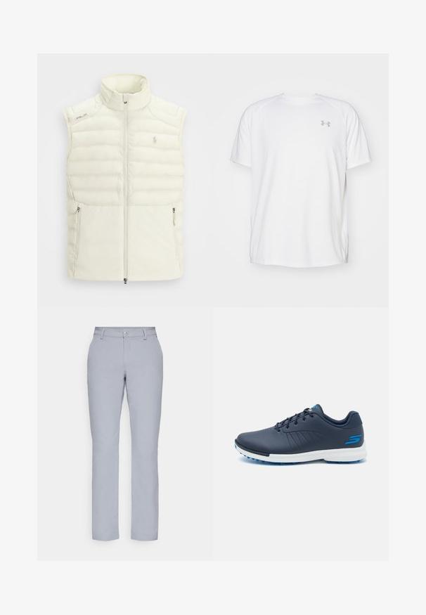 Bílá puffa vesta s vysokým límcem, zapínáním na zip, bočními kapsami a jemným prošívaným designem; obsahuje malé logo na hrudi.; Bílé sportovní tričko s krátkým rukávem vyrobené z hladké látky. Má kulatý výstřih a šedé logo na levé straně hrudi, s bočními rozparky na lemu.; Světle šedé kalhoty s rovným střihem, zapínáním na knoflík, předními kapsami a hladkým, texturovaným materiálem. Minimalistický design, bez vzorů.; Námořnické golfové boty s elegantním designem, syntetický svršek, bílá mezipodešev a modré gumové hroty. Obsahují perforace pro prodyšnost.