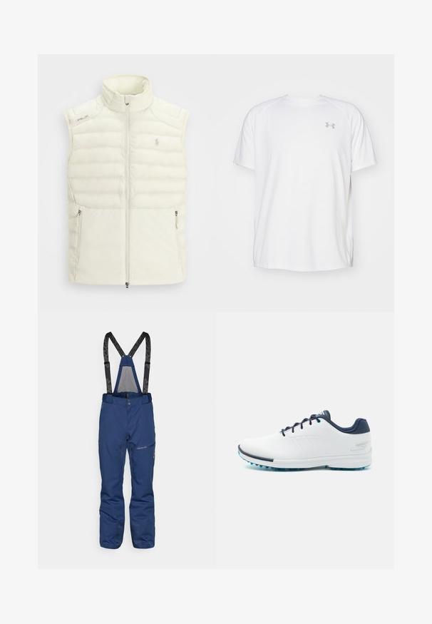 Fehér puffervest magas gallérral, cipzáros elülső résszel, oldalsó zsebekkel és finoman steppelt mintával; kis logóval a mellkason.; Fehér, rövid ujjú sportpóló sima anyagból. Kerek nyakkivágással és szürke logóval a bal mellkasnál, az alján oldalsó hasítékokkal.; Tengerészkék sí nadrág állítható fekete fülekkel, elülső cipzáros zsebbel, megerősített szegélyekkel és sima textúrájú felülettel.; Fehér sportcipők sima szintetikus felsőrésszel, kék díszítéssel, texturált sötétkék sarokkal és könnyű, tüskés talppal a tapadás érdekében.