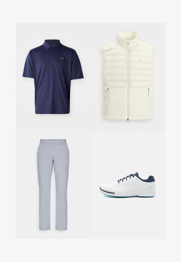Biely nadýchaný vest s vysokým golierom, zipsom vpredu, bočnými vreckami a jemným prešívaným vzorom; na hrudi sa nachádza malé logo.; Námorníckomodrá polo košeľa vyrobená z priedušnej látky, s textúrovaným geometrickým vzorom a trojbuttonovou légou. Malé logo na hrudi.; Svetlošedé nohavice s rovnými nohavicami, zapínaním na gombík, prednými vreckami a hladkým, štruktúrovaným materiálom. Minimalistický dizajn, bez vzorov.; Biele atletické topánky s hladkým syntetickým vrchom, modrými akcentmi, texturovaným námorníckym opätkom a ľahkou, hrotovanou podrážkou pre trakciu.
