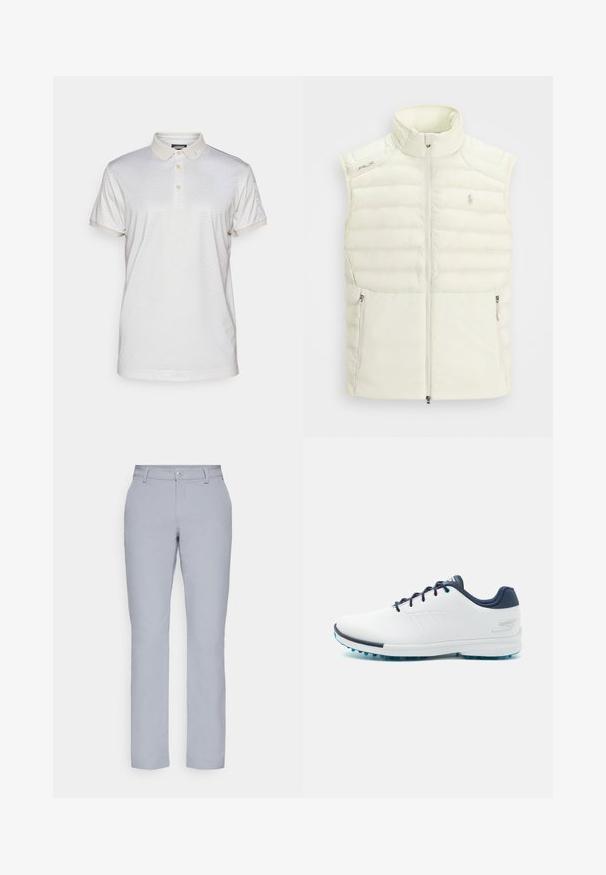 Bílá puffa vesta s vysokým límcem, zapínáním na zip, bočními kapsami a jemným prošívaným designem; obsahuje malé logo na hrudi.; Kraťasové polo tričko ve světlé béžové barvě s jemným geometrickým vzorem. Obsahuje tříknoflíkovou légu a ohrnuté rukávy, vyrobené z měkkého materiálu.; Světle šedé kalhoty s rovným střihem, zapínáním na knoflík, předními kapsami a hladkým, texturovaným materiálem. Minimalistický design, bez vzorů.; Bílé sportovní boty s hladkým syntetickým svrškem, modrými akcenty, texturovanou tmavě modrou patou a lehkou, hřebenovou podešví pro lepší přilnavost.