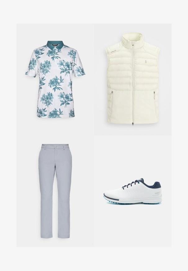 White puffer vest with a high collar, zippered front, side pockets, and subtle quilted design; features a small logo on the chest.; Short-sleeve polo shirt made of white fabric with a teal floral print. Features a teal collar and three-button placket.; Light gray trousers with a straight cut, button closure, front pockets, and a smooth, textured fabric. Minimalist design, no patterns.; White athletic shoes with a smooth synthetic upper, blue accents, textured navy heel, and a lightweight, spiked sole for traction.