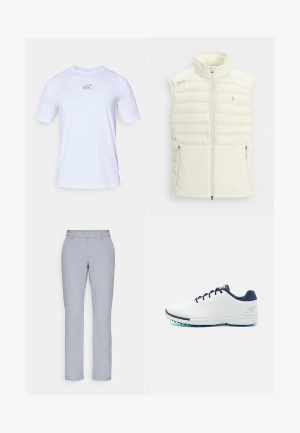 Vit puffer-väst med hög krage, dragkedja framtill, sidofickor och subtila quiltade detaljer; har en liten logo på bröstet.; Vit kortärmad träningsskorta i lätt och andningsbar meshfabric. Har rund halsringning och en cirkulär EA7-logotyp på bröstet.; Ljusgrå byxor med rak skärning, knappstängning, framfickor och ett slätt, strukturerat tyg. Minimalistisk design, inga mönster.; Vita sportskor med en slät syntetisk ovandel, blå akcentuerade delar, strukturerad marinblå häl och en lätt, spetsad sula för bra grepp.