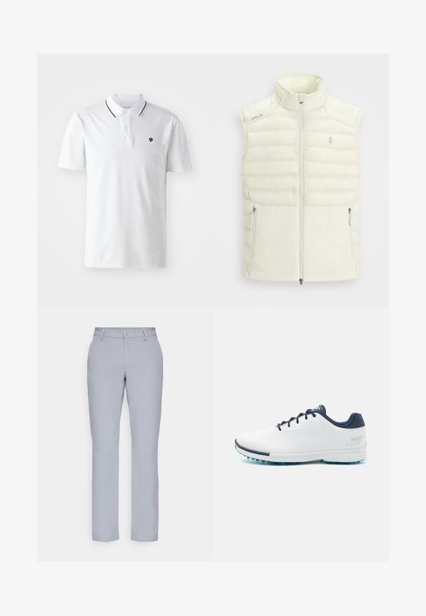 Hvit puffervest med høy krage, glidelås foran, sidelommer og subtil quiltet design; har en liten logo på brystet.; Hvit polo skjorte med korte ermer, to-knapp placket og svart trim på kragen. Har en liten svart logo på brystet.; Lys grå bukser med rett snitt, knappelukking, frontlommer og et glatt, strukturert stoff. Minimalistisk design, uten mønstre.; Hvite idrettssko med en glatt syntetisk overdel, blå detaljer, teksturert marineblå hæl og en lett, pigget såle for bedre grep.