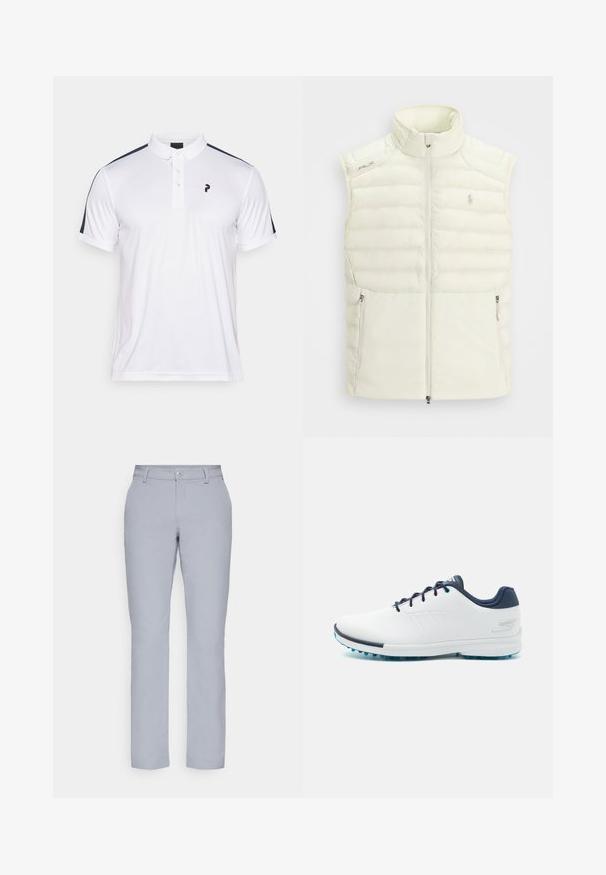 Balts pūkains bezrūpnieks ar augstu apkakli, rāvējslēdzēja priekšpusi, sānu kabatām un diskrētu kviltējuma dizainu; ar mazu logotipu uz krūtīm.; Balts polo krekls ar tumši zilu plecu strīpu, trīs pogu aizdari un mazu melnu logotipu uz krūtīm. Gluda, viegla auduma.; Gai pelēki bikses ar taisnu griezumu, pogu aizdari, priekšējām kabatām un gludu, teksturētu audumu. Minimalistiska dizaina, bez rakstiem.; Baltas sporta apavos ar gludu sintētisku virsu, ziliem akcentiem, teksturētu tumši zilu papēdi un vieglu, ar kājām izstrādātu zoli, kas nodrošina saķeri.
