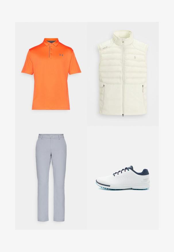 White puffer vest with a high collar, zippered front, side pockets, and subtle quilted design; features a small logo on the chest.; Orange polo shirt with short sleeves, collared neckline, and three-button placket. Features a subtle texture and a small gray logo on the chest.; Light gray trousers with a straight cut, button closure, front pockets, and a smooth, textured fabric. Minimalist design, no patterns.; White athletic shoes with a smooth synthetic upper, blue accents, textured navy heel, and a lightweight, spiked sole for traction.