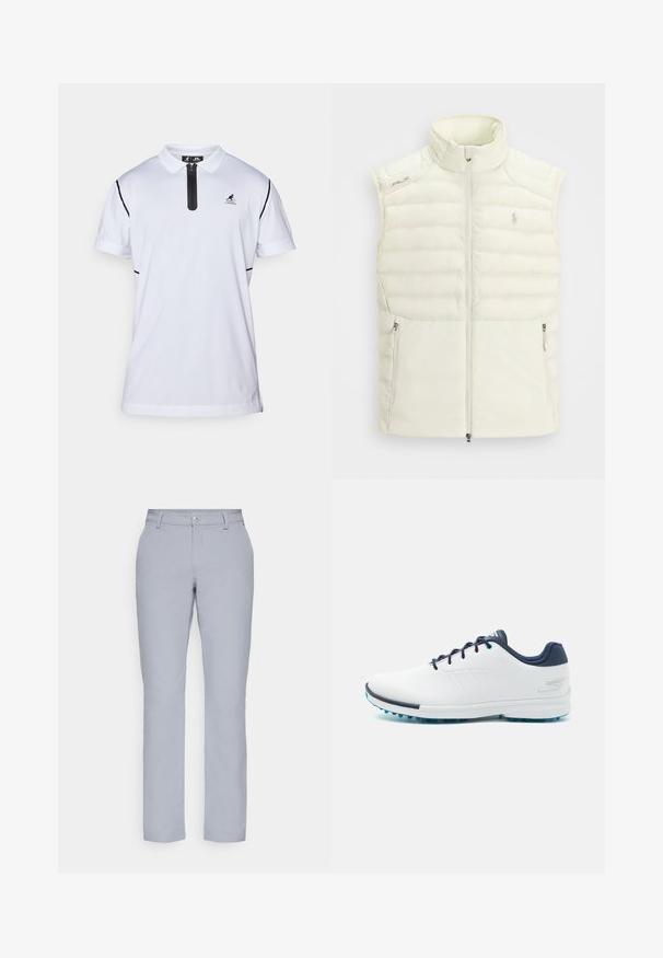 Vesta pufo alb, cu guler înalt, fermoar frontal, buzunare laterale și un design subtil matlasat; prezintă un logo mic pe piept.; Polo shirt alb cu mânecă scurtă, cu guler cu fermoar negru, accente laterale negre și un logo mic pe pieptul stâng. Fabricat dintr-un material respirabil.; Pantaloni gri deschis cu o croială dreaptă, închidere cu nasture, buzunare frontale și un material neted, texturat. Design minimalist, fără modele.; Pantofi sport albi cu un uppersintetic neted, accente albastre, toc texturat în nuanță de marine și o talpă ușoară cu țepii pentru aderență.