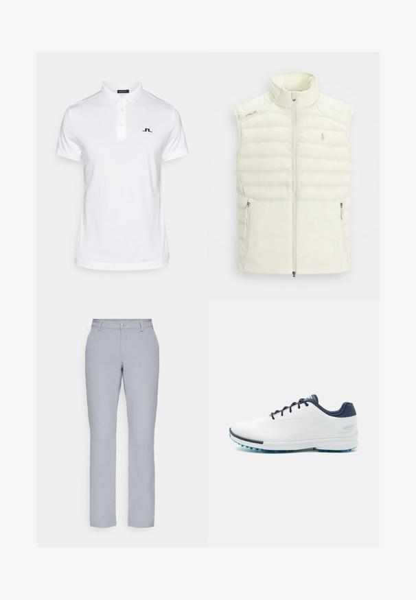 Biely nadýchaný vest s vysokým golierom, zipsom vpredu, bočnými vreckami a jemným prešívaným vzorom; na hrudi sa nachádza malé logo.; J.LINDEBERG Sports WINCE - Polokošeľa - white; Svetlošedé nohavice s rovnými nohavicami, zapínaním na gombík, prednými vreckami a hladkým, štruktúrovaným materiálom. Minimalistický dizajn, bez vzorov.; Biele atletické topánky s hladkým syntetickým vrchom, modrými akcentmi, texturovaným námorníckym opätkom a ľahkou, hrotovanou podrážkou pre trakciu.