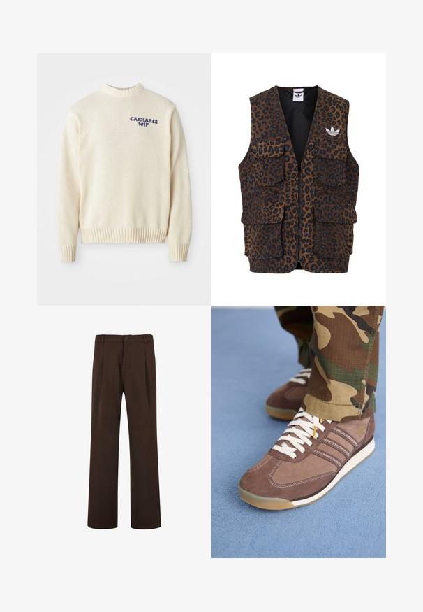 adidas Originals GRAPHIC UNISEX - Weste - bronze strata; Cremfarbener Strickpullover mit Rundhalsausschnitt, gerippten Bündchen und Saum, mit blauem "Carhartt WIP"-Logo auf der Vorderseite. Strukturierter Stoff.; Braune Hosen mit geradem Bein, die einen Knopfverschluss und Falten aufweisen, aus glattem Stoff gefertigt. Keine sichtbaren Taschen oder Muster.; Braune Wildleder-Sneaker mit weißen Schnürsenkeln und hellen Akzenten, die an den Seiten drei Streifen und eine strukturierte Gummisohle aufweisen.