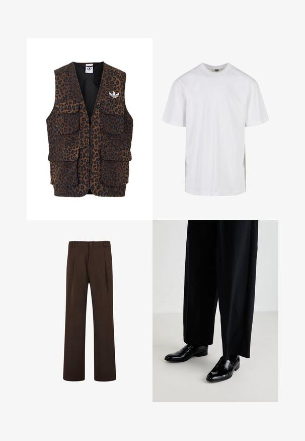 adidas Originals GRAPHIC UNISEX - Weste - bronze strata; Weißes Baumwoll-T-Shirt mit Rundhalsausschnitt und kurzen Ärmeln. Das Design ist schlicht ohne Muster oder Akzente.; Braune Hosen mit geradem Bein, die einen Knopfverschluss und Falten aufweisen, aus glattem Stoff gefertigt. Keine sichtbaren Taschen oder Muster.; Schwarze Lederschuhe mit glänzender Oberfläche, mit einer glatten Spitze und einem niedrigen Absatz, kombiniert mit lockeren schwarzen Hosen.