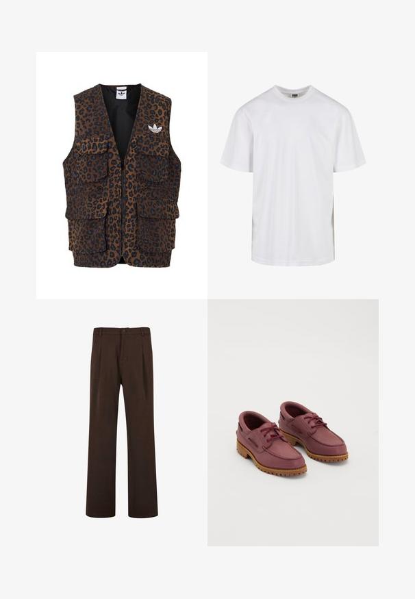 adidas Originals GRAPHIC UNISEX - Mellény - bronze strata; Fehér pamut póló kerek nyakkivágással és rövid ujjakkal. A dizájn egyszerű, minta és díszítés nélkül.; Barna nadrág, egyenes szárú kivitelben, gombos záródással és redőkkel, sima anyagból készült. Nincsenek látható zsebek vagy minták.; Burgundi bőr csónakcipő pár vastag, világosbarna gumitalppal és piros fűzővel, fehér háttéren.