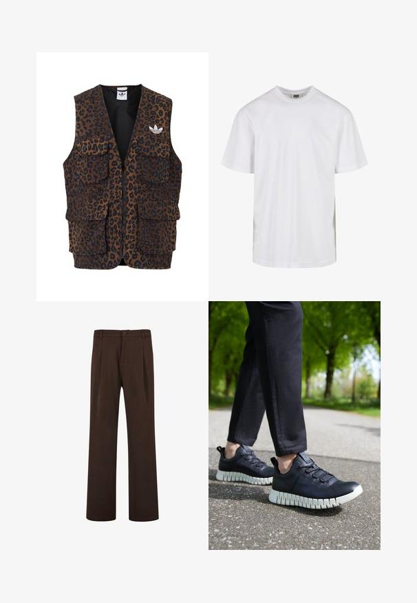 adidas Originals GRAPHIC UNISEX - Weste - bronze strata; Weißes Baumwoll-T-Shirt mit Rundhalsausschnitt und kurzen Ärmeln. Das Design ist schlicht ohne Muster oder Akzente.; Braune Hosen mit geradem Bein, die einen Knopfverschluss und Falten aufweisen, aus glattem Stoff gefertigt. Keine sichtbaren Taschen oder Muster.; Schwarze Ledersneaker mit strukturierter Oberfläche, ausgestattet mit einer klobigen weißen Sohle und elastischen Schnürsenkeln, vor einem grauen Weg und grünen Bäumen.