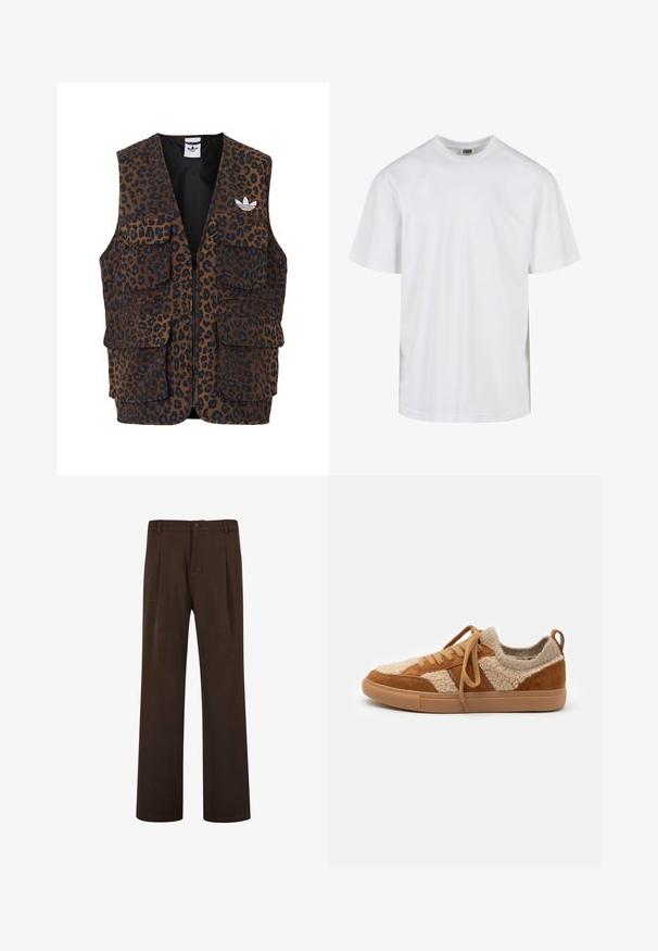 adidas Originals UNISEX brąz; Biała bawełniana koszulka z okrągłym dekoltem i krótkimi rękawami. Design jest prosty, bez wzorów ani akcentów.; Brązowe spodnie o prostym kroju, z zapięciem na guzik i plisami, wykonane z gładkiego materiału. Brak widocznych kieszeni i wzorów.; Tenisówki w odcieniach brązu i beżu z górną częścią wykonaną z połączenia zamszu i wełny, okrągłym noskiem, bawełnianymi sznurowadłami i gumową podeszwą. Teksturowana powierzchnia i kontrastowe panele kolorystyczne.