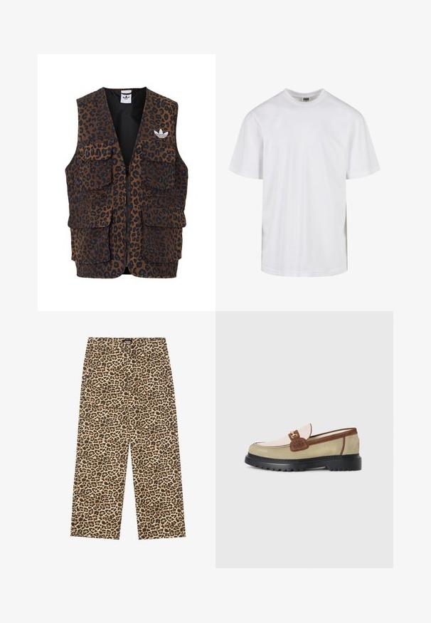 adidas Originals GRAPHIC UNISEX - Vesta - bronze strata; Biele bavlnené tričko s okrúhlym výstrihom a krátkymi rukávmi. Dizajn je jednoduchý bez vzorov alebo akcentov.; YOURTURN UNISEX - Džínsy voľného strihu - beige/black; Šľapky s béžovými, svetloružovými a hnedými semišovými panelmi, zlatým kovovým doplnkom v podobe spony a hrubou čiernou gumovou podrážkou so vzorom.