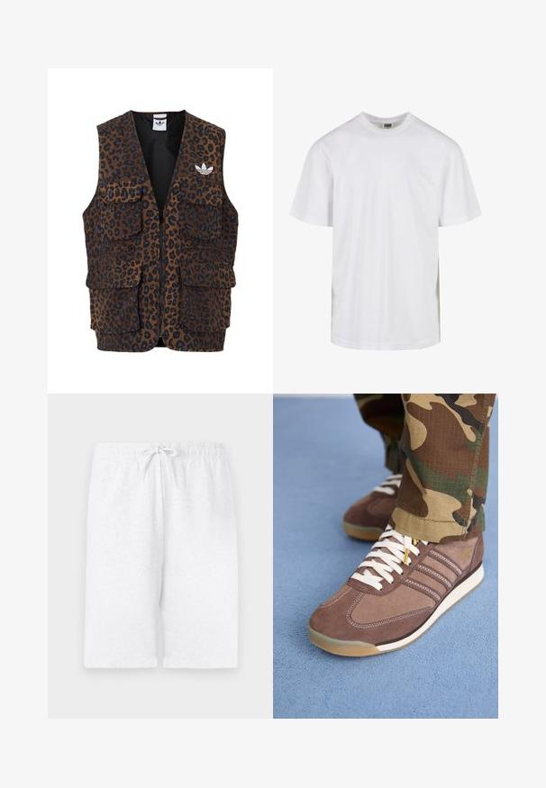 adidas Originals GRAPHIC UNISEX - Liemenė - bronze strata; Balta medvilninė marškinė su apvaliu kaklu ir trumpomis rankovėmis. Dizainas yra paprastas, be raštų ar akcentų.; Baltos medvilnės šortai su elastine juosta ir reguliuojamu raiščiu. Tiesaus silueto, lygus paviršius. Be raštų ar akcentų.; Rudos zomšos sportbačiai su baltais raišteliais ir šviesiais akcentais, įskaitant tris juosteles šonuose ir tekstūruotą guminį padą.
