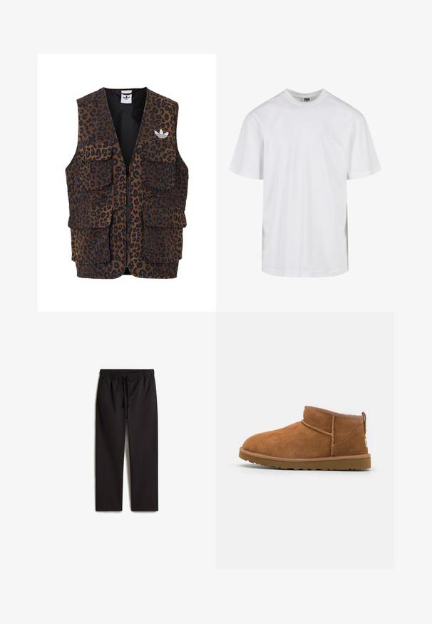 adidas Originals GRAPHIC UNISEX - Waistcoat - bronze strata; White cotton t-shirt with a round neckline and short sleeves. The design is plain without patterns or accents.; Black, elastic-waist pants with a drawstring; straight leg design; smooth texture; featuring two side pockets.; Tan suede ankle boot with a rounded toe, subtle stitching details, and a textured rubber sole. Short height without laces.