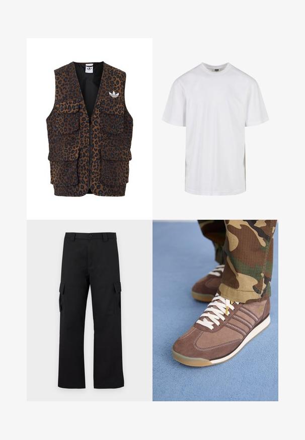 adidas Originals UNISEX brąz; Biała bawełniana koszulka z okrągłym dekoltem i krótkimi rękawami. Design jest prosty, bez wzorów ani akcentów.; Czarne spodnie cargo o prostym kroju. Wykonane z trwałej tkaniny, posiadają dwie boczne kieszenie z klapkami oraz zapięcie na guzik.; Brązowe zamszowe trampki z białymi sznurówkami i jasnymi akcentami, posiadające trzy paski po bokach oraz teksturowaną gumową podeszwę.