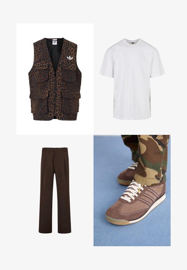 adidas Originals GRAPHIC UNISEX - Bodywarmer - bronze strata; Witte katoenen t-shirt met een ronde halslijn en korte mouwen. Het ontwerp is eenvoudig zonder patronen of accenten.; Bruine broeken met een rechtlopende snit, voorzien van een knoopsluiting en plooien, gemaakt van een gladde stof. Geen zichtbare zakken of patronen.; Bruine suède sneakers met witte veters en lichte accenten, met drie strepen aan de zijkanten en een gestructureerde rubberen zool.