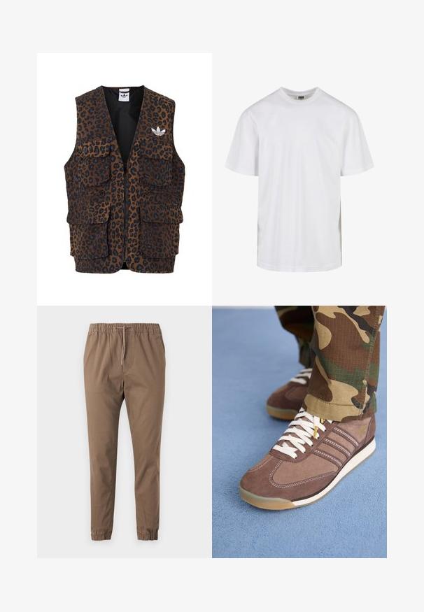 adidas Originals UNISEX brąz; Biała bawełniana koszulka z okrągłym dekoltem i krótkimi rękawami. Design jest prosty, bez wzorów ani akcentów.; Brązowe spodnie z elastycznym pasem i regulowanym sznureczkiem, zwężające się nogawki i mankiety. Miękka tkanina o gładkiej fakturze i bez widocznych wzorów.; Brązowe zamszowe trampki z białymi sznurówkami i jasnymi akcentami, posiadające trzy paski po bokach oraz teksturowaną gumową podeszwę.